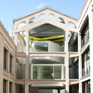 Exterior of the building with stretched canvas